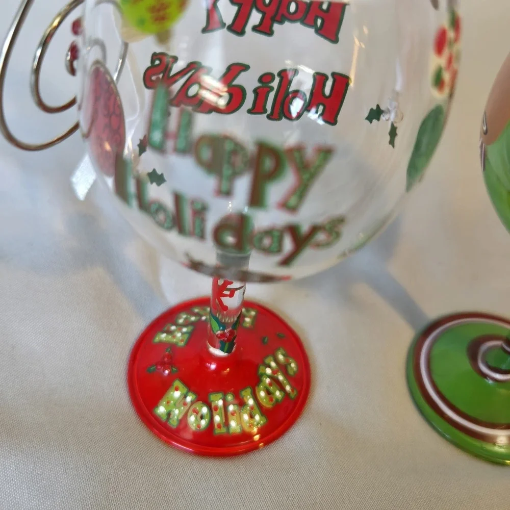 Lolita Happy Holidays Mini Wine Glass Ornament Set Reindeer Christmas Lot of 2